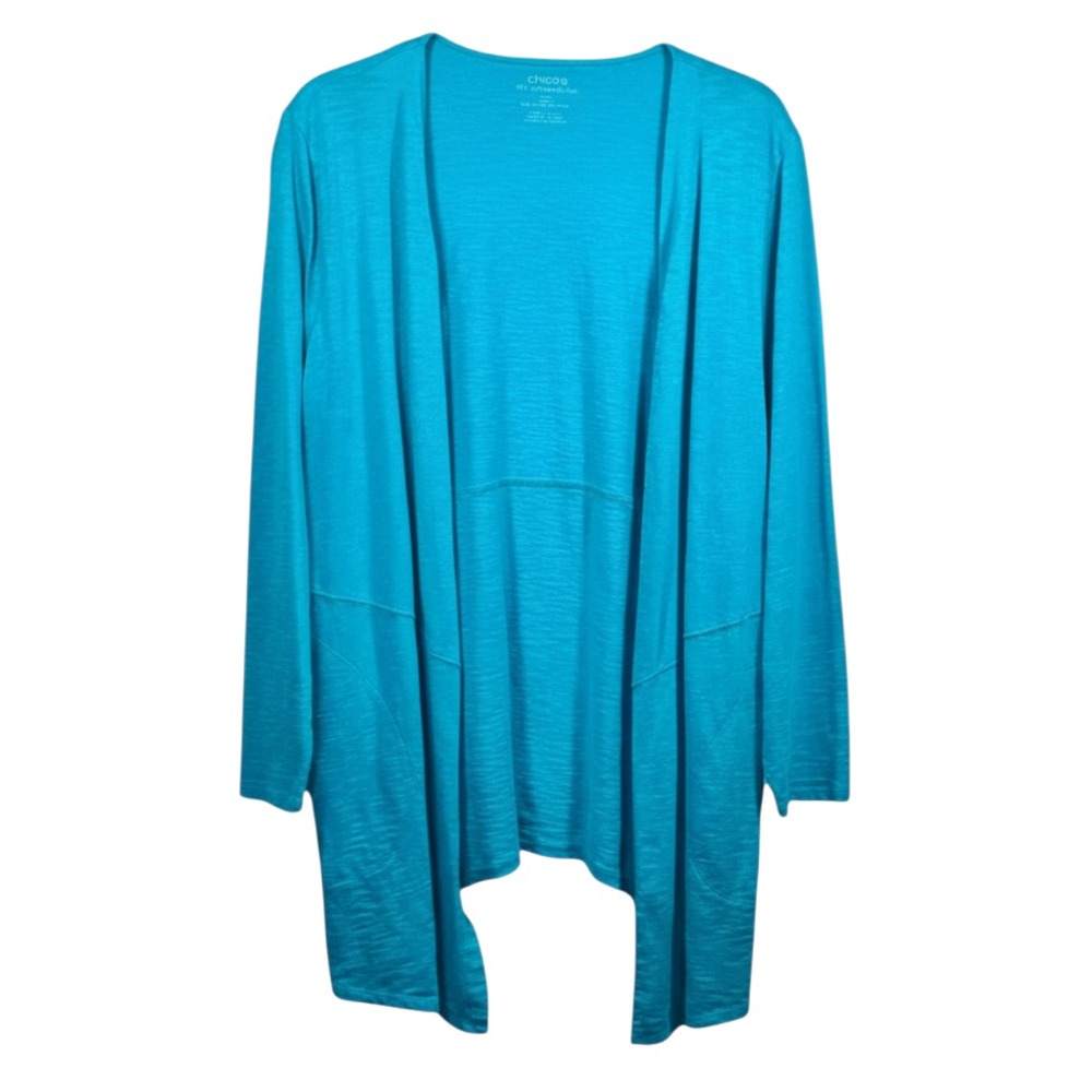CHICO'S Aqua Turquoise Blue SLUB KNIT OPEN CARDIGAN TOP SHIRT Ultimate Tee M/1